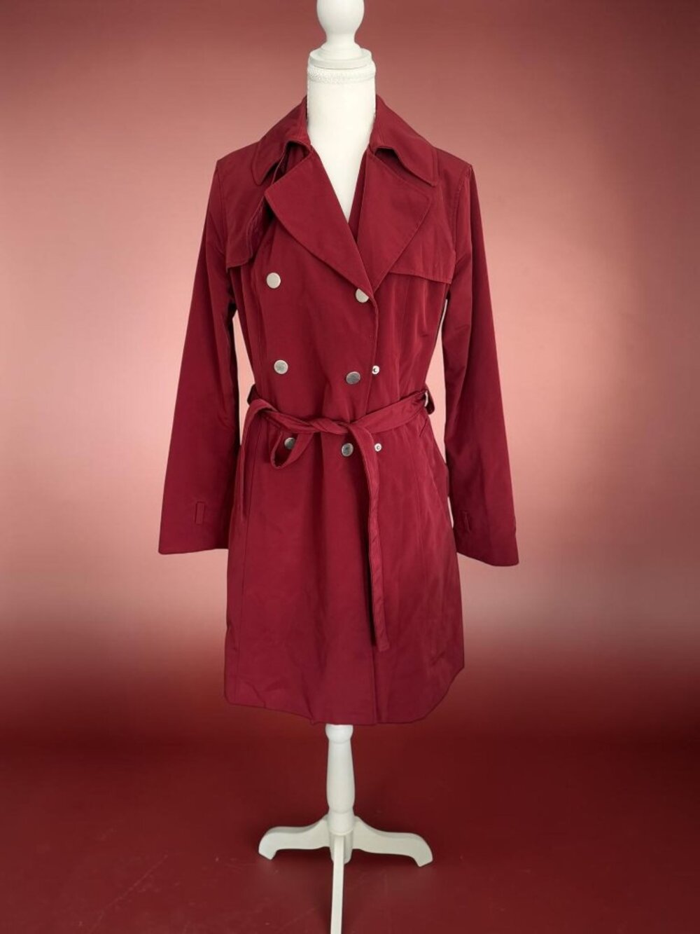 NEW YORK & CO Red Belted Trench Coat Size Small